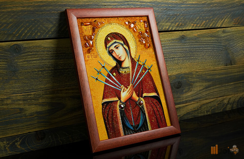 Bernsteinfarbenes Gemälde – Schmerzensmutter in rotem Rahmen (1)