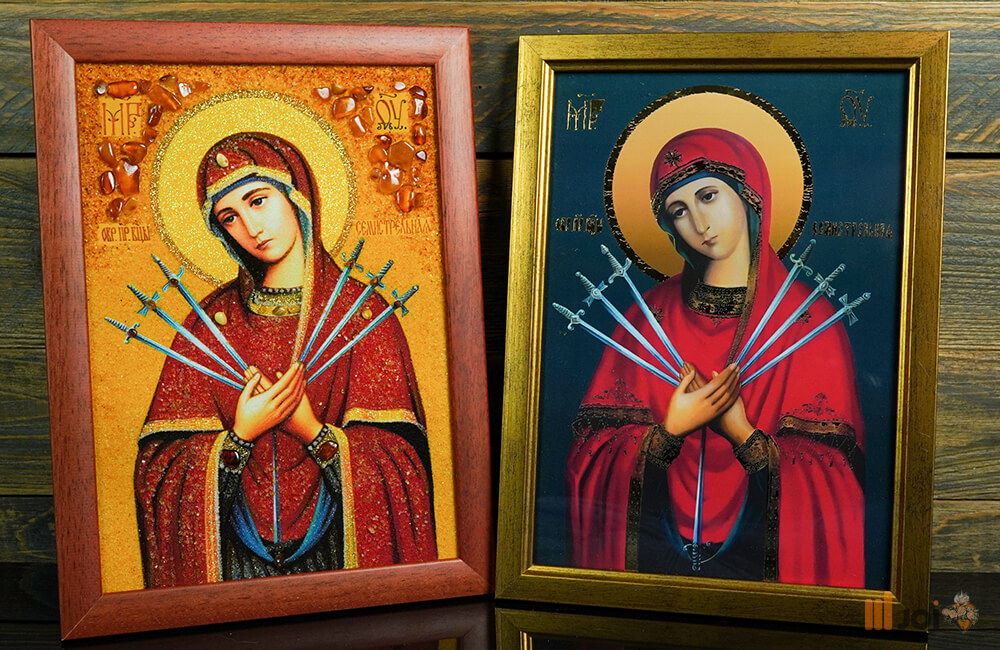 Bernsteinfarbenes Gemälde – Schmerzensmutter in rotem Rahmen (4)