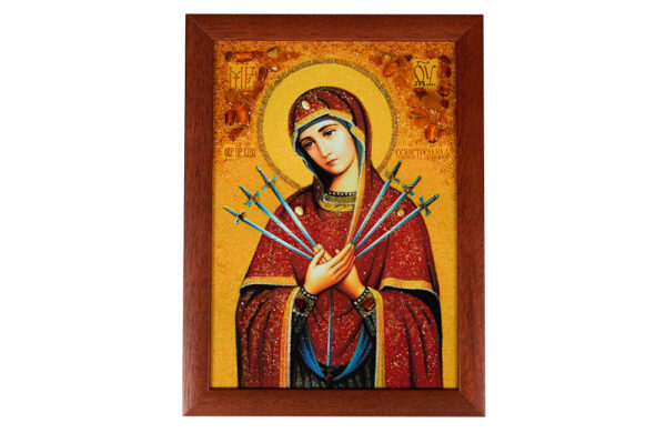 Bernsteinfarbenes Gemälde – Schmerzensmutter in rotem Rahmen (X)